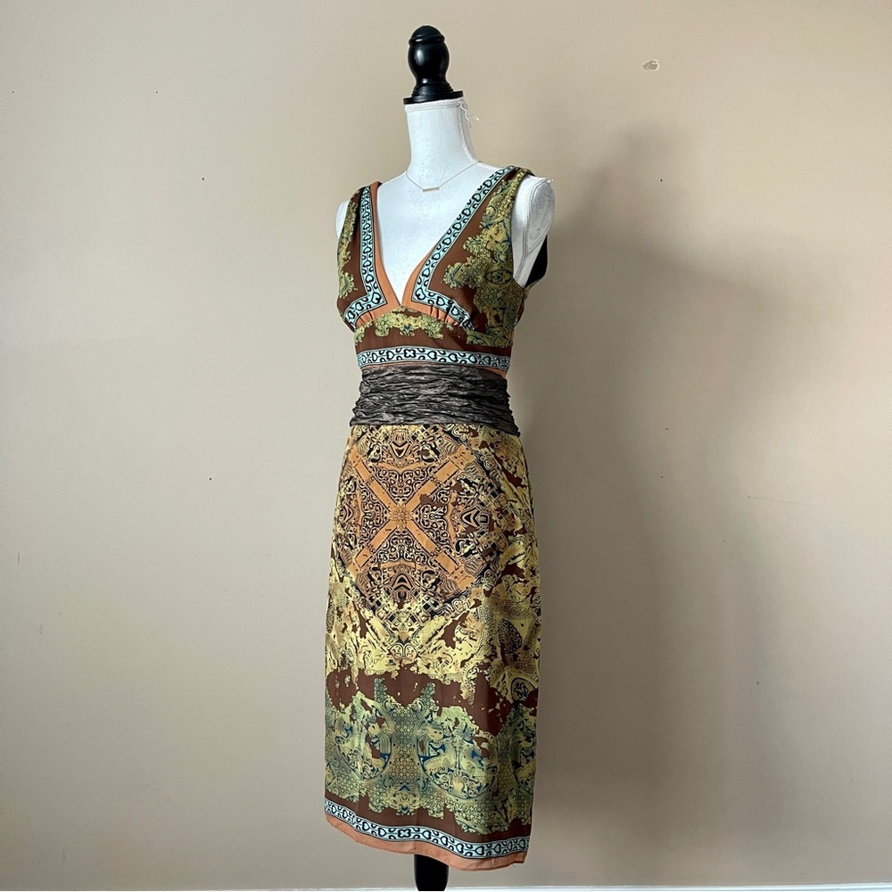 NICOLE MILLER | 100% Silk Patterned Deep V-neck Midi Cocktail Dress Sz 4 - Picture 5 of 9